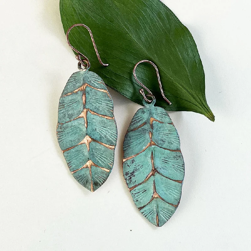 Gold earrings for women-Patina Copper Leaf Earrings, India