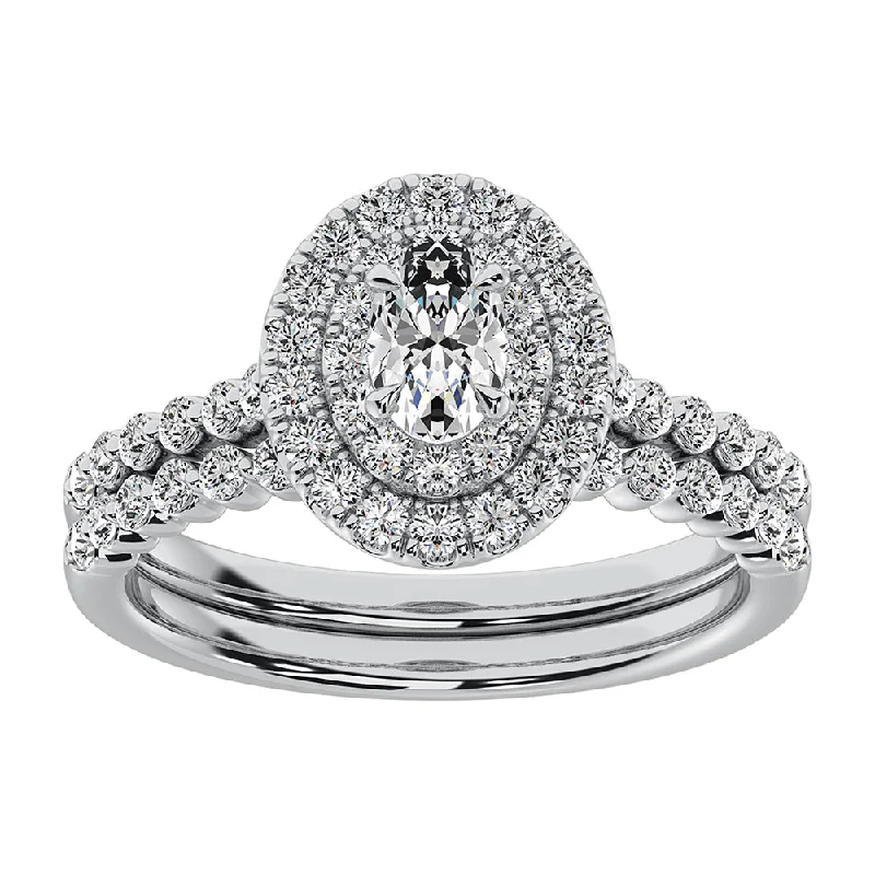 Engagement ring with a twisted band for women-14K White Gold 1 Ct.Tw. Diamond Oval Shape Double Halo Bridal Ring