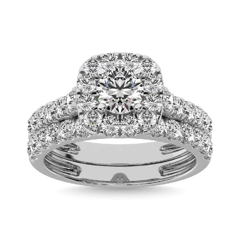 Marquise diamond engagement ring for women-Diamond 2 ct tw Cushion Halo Bridal Ring in 14K White Gold