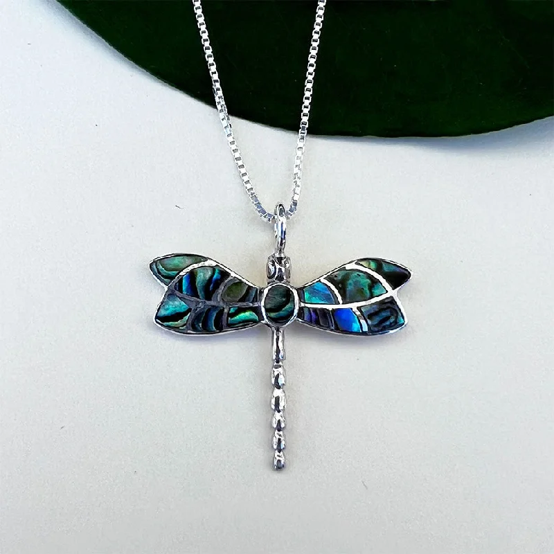 Blue gemstone earrings for women-Abalone Dragonfly Necklace - Sterling Silver, Indonesia