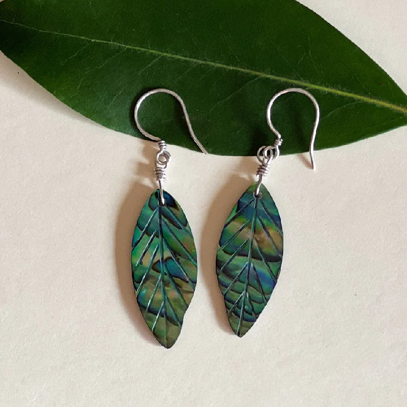 Modern earrings for women-Abalone New Leaf Earrings, Indonesia