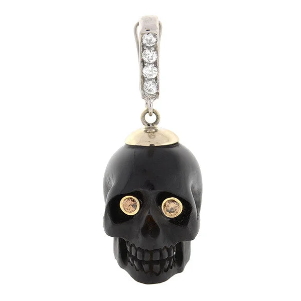 Simple pendant necklace for women-Estate 14kt Carved Jet Skull & Diamond Pendant