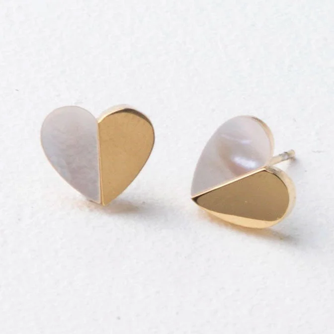 Sterling silver earrings for women-Mother-Of-Pearl Gold Heart Studs, China