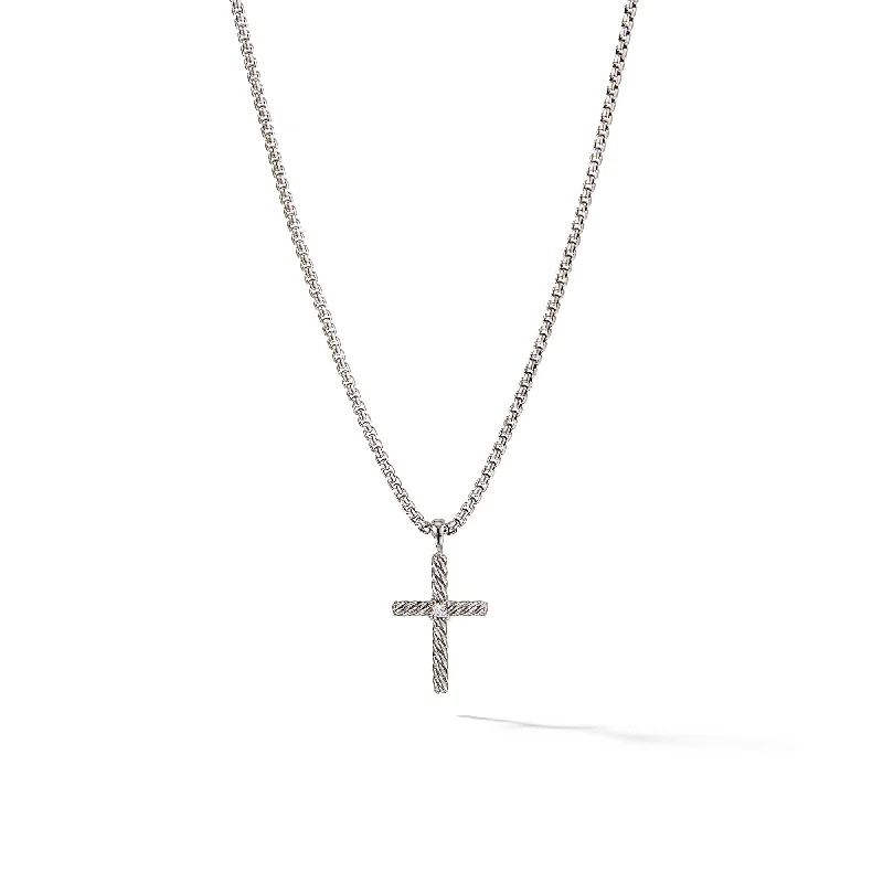 Classic gold necklace for women-Classic Cable Cross Necklace in Sterling Silver with Center Diamond\, 24.3mm