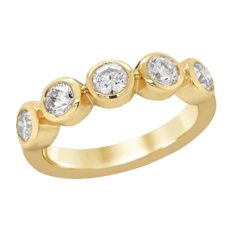 Gold engagement ring for women-YELLOW GOLD ANNIVERSARY RING WITH FIVE BEZEL SET DIAMONDS, 3/4 CT TW