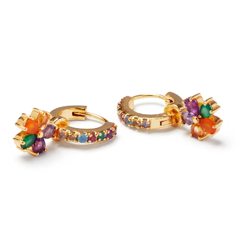 Colored gemstone earrings for women-Rainbow Daisy Charm on Rainbow Pave Huggie Set