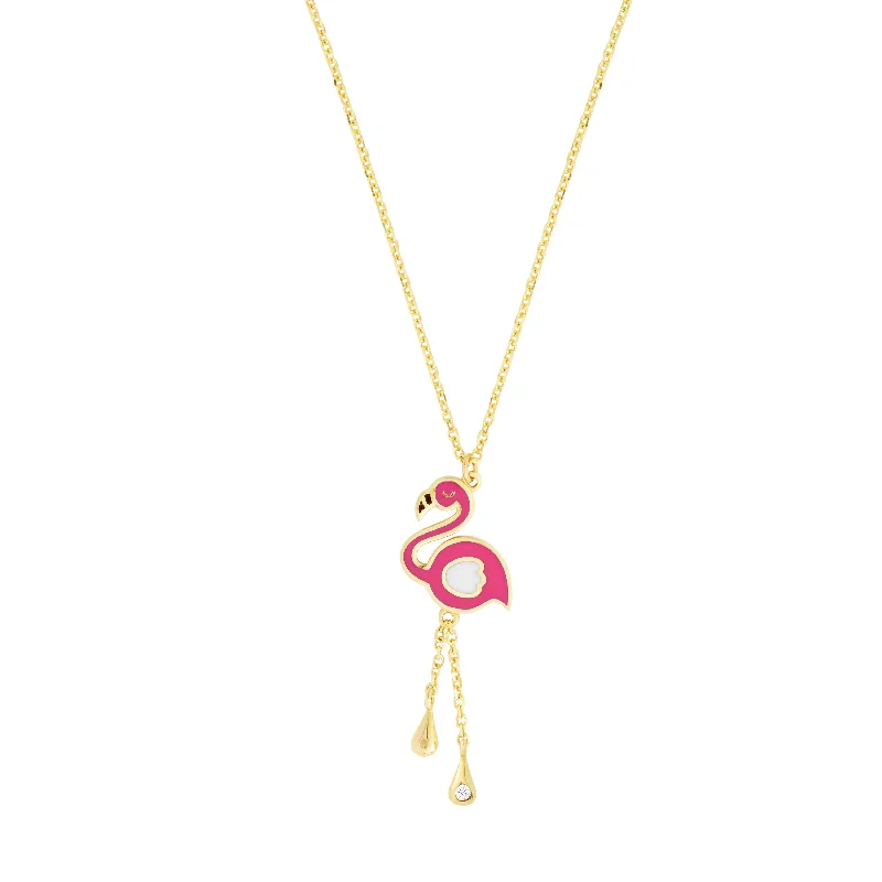 Luxury necklace for women-Kids 14k Gold and Enamel Flamingo Chain 14"