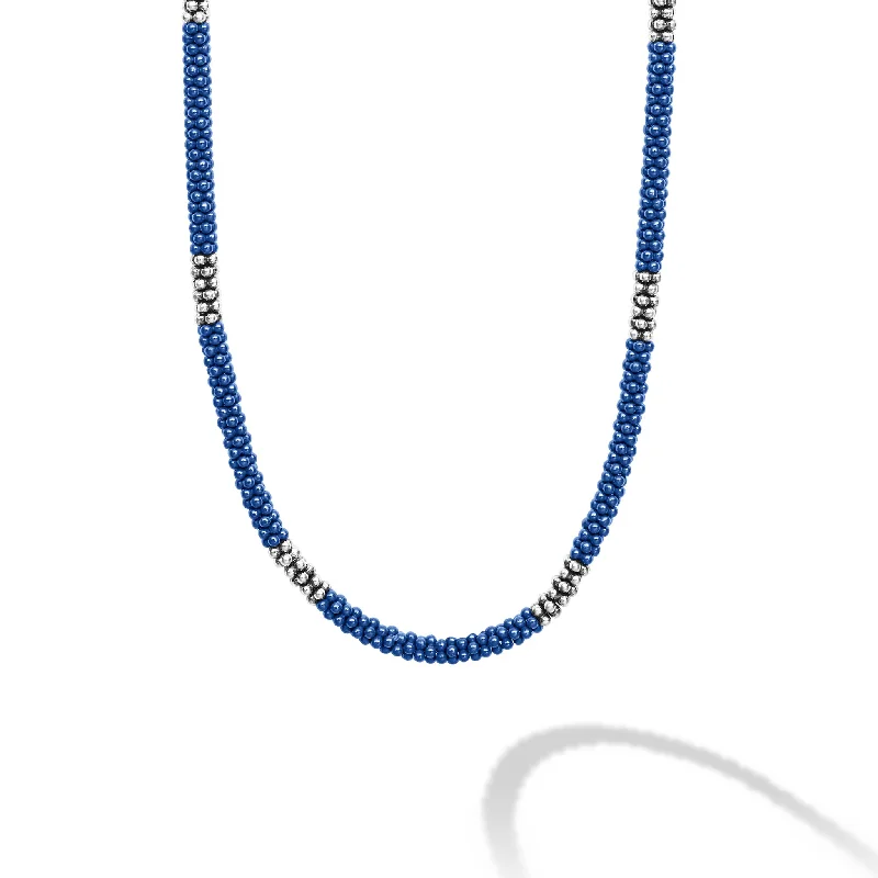 Simple pendant necklace for women-Blue Caviar Silver Station Ceramic Beaded Necklace 3mm