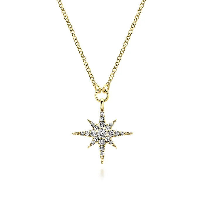 Long layered necklace for women-14K Yellow Gold Diamond Starburst Pendant Necklace