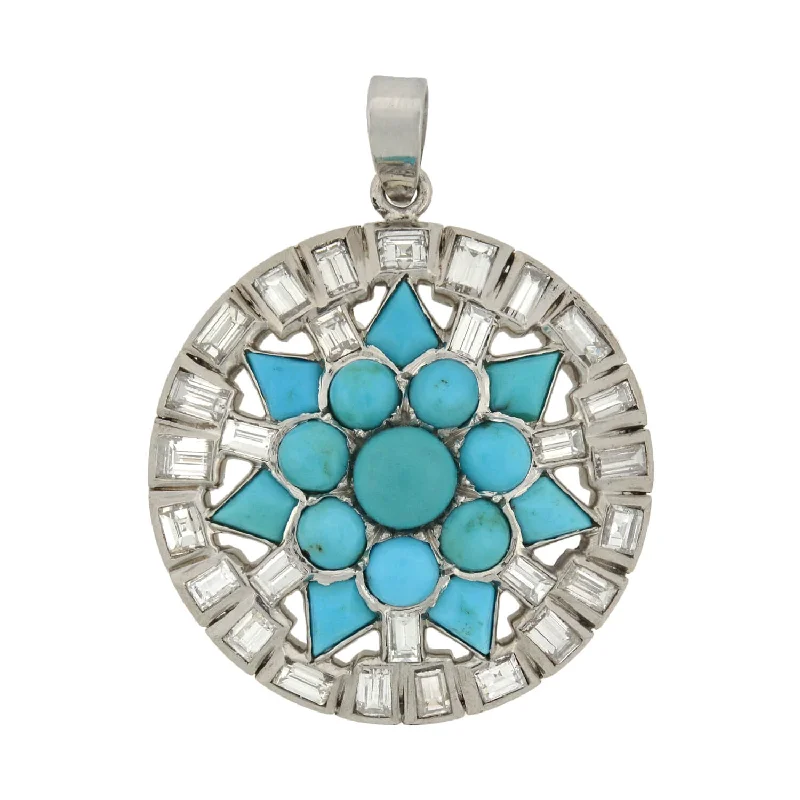 Adjustable necklace for women-Art Deco Platinum Turquoise + Diamond Starburst Pendant 3.00ctw