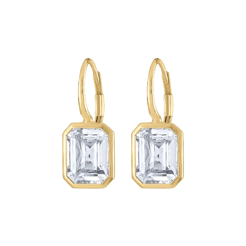 Custom diamond earrings for women-14KT GOLD WHITE TOPAZ BEZEL DROP EARRING