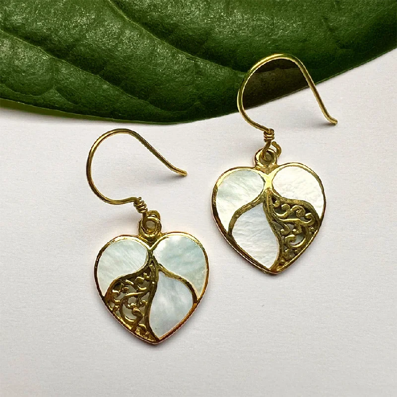 Butterfly earrings for women-Mother-of-Pearl Heart Earrings - Brass, Indonesia