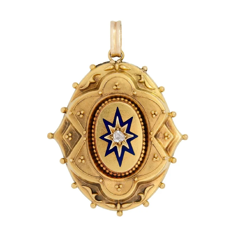 Statement necklace for women-Victorian 15k Diamond Enameled Etruscan Plaque Locket Pendant