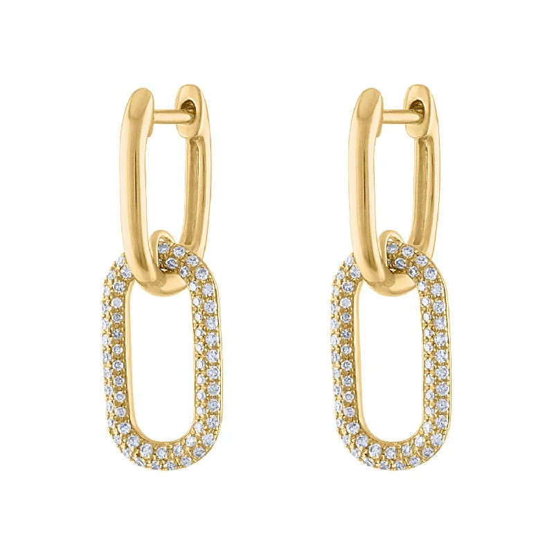 Long drop earrings for women-14KT GOLD HUGGIE WITH SMALL DIAMOND OVAL LINK EARRING