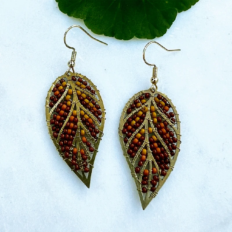 Stud earrings for women-Beaded Leaf Earrings - Autumn, Guatemala