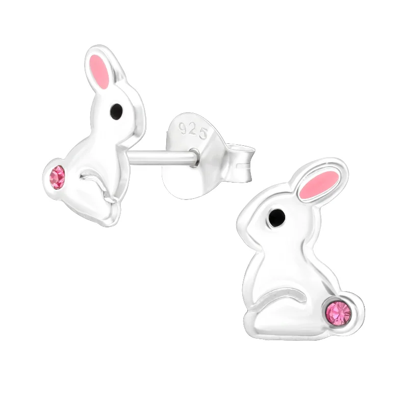 Glamorous earrings for women-Bunny Rabbit Stud Earrings with Pink Crystal in Sterling Silver