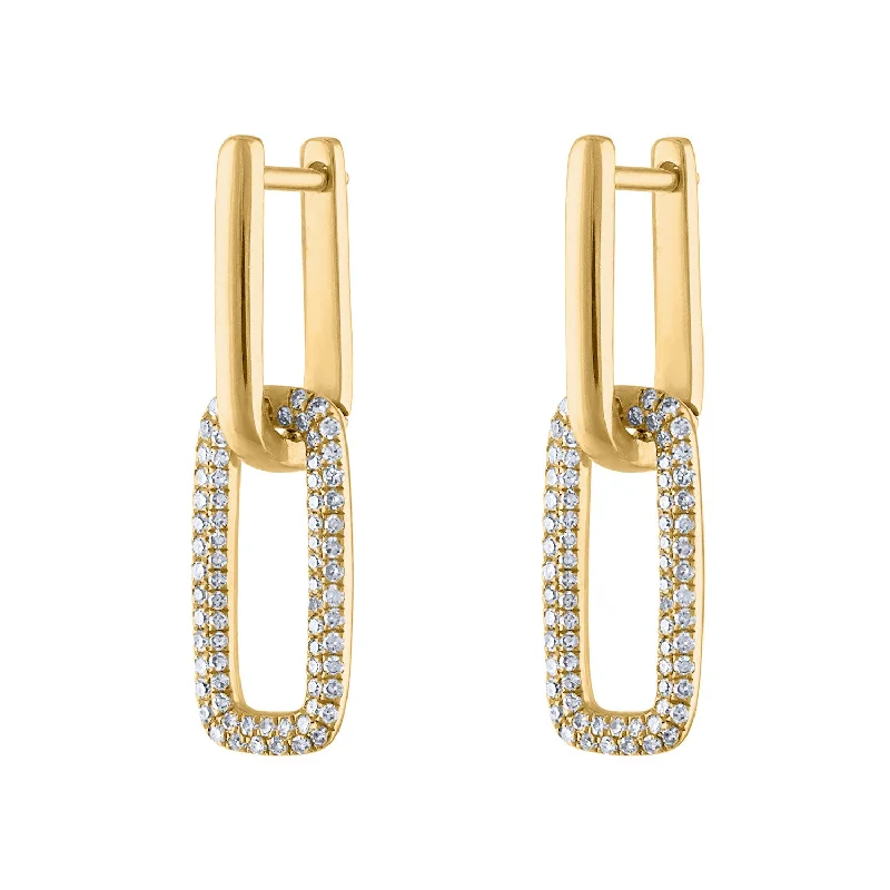 Gold stud earrings for women-14KT GOLD HUGGIE WITH SMALL DIAMOND RECTANGLE LINK EARRING