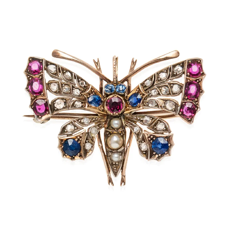 Double chain necklace for women-Art Nouveau 14kt/Sterling, Sapphire, Ruby, Diamond + Pearl Butterfly Pin/Pendant