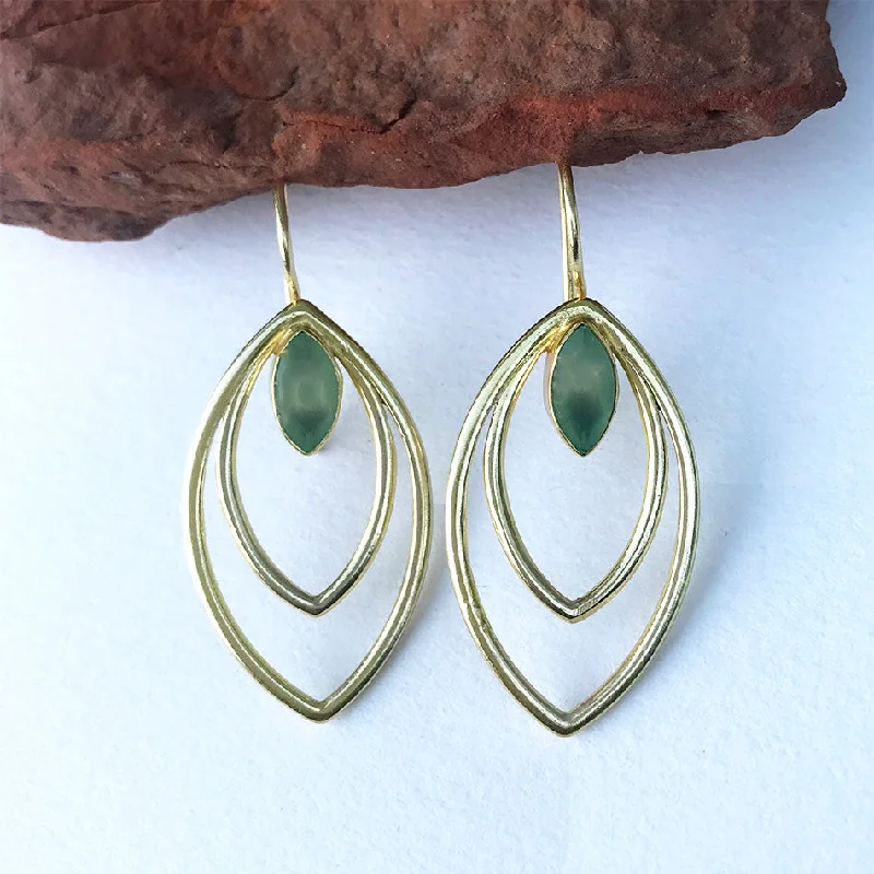 Unique drop earrings for women-Double Leaf Earrings - Gold/Chalcedony, India