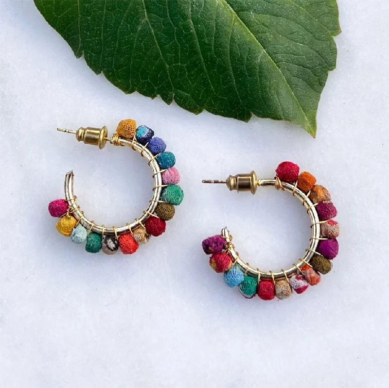 Vintage gold earrings for women-Recycled Sari Hoops - Small, India