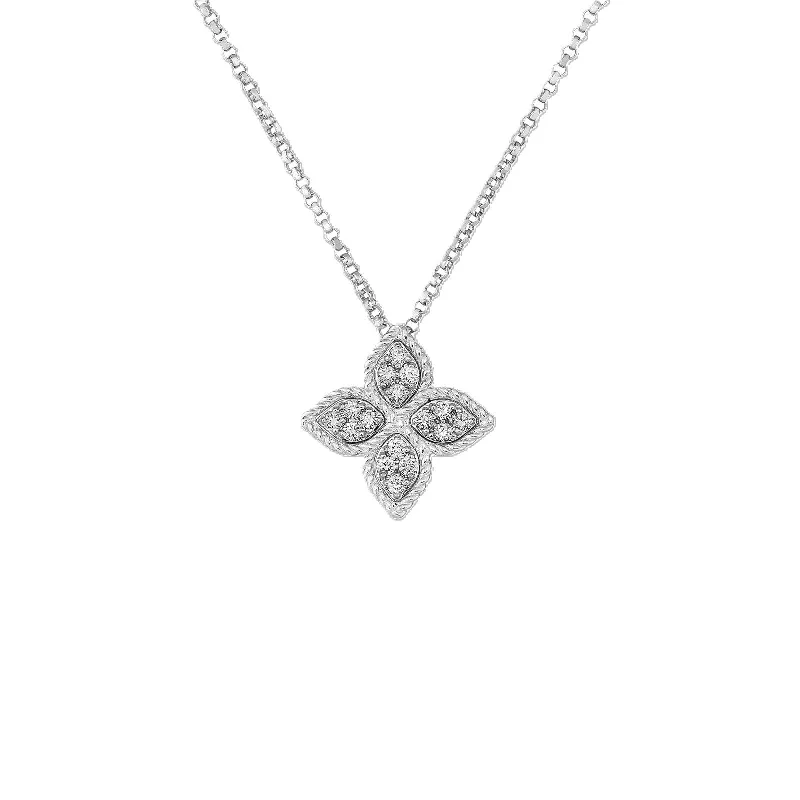 Personalized necklace for women-18K WHITE GOLD PRINCESS FLOWER MEDIUM DIAMOND NECKLACE