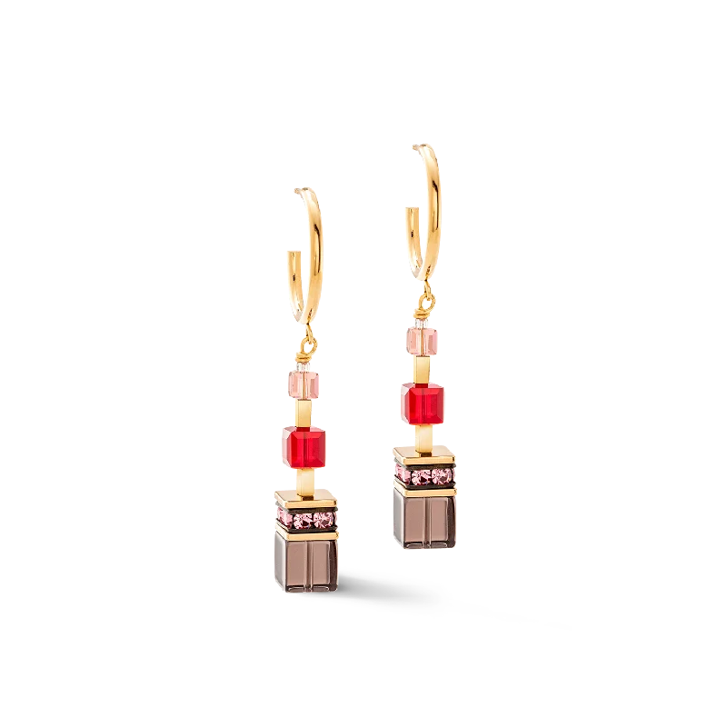 Large hoop earrings for women-GeoCUBE® Precious statement earrings gold-red