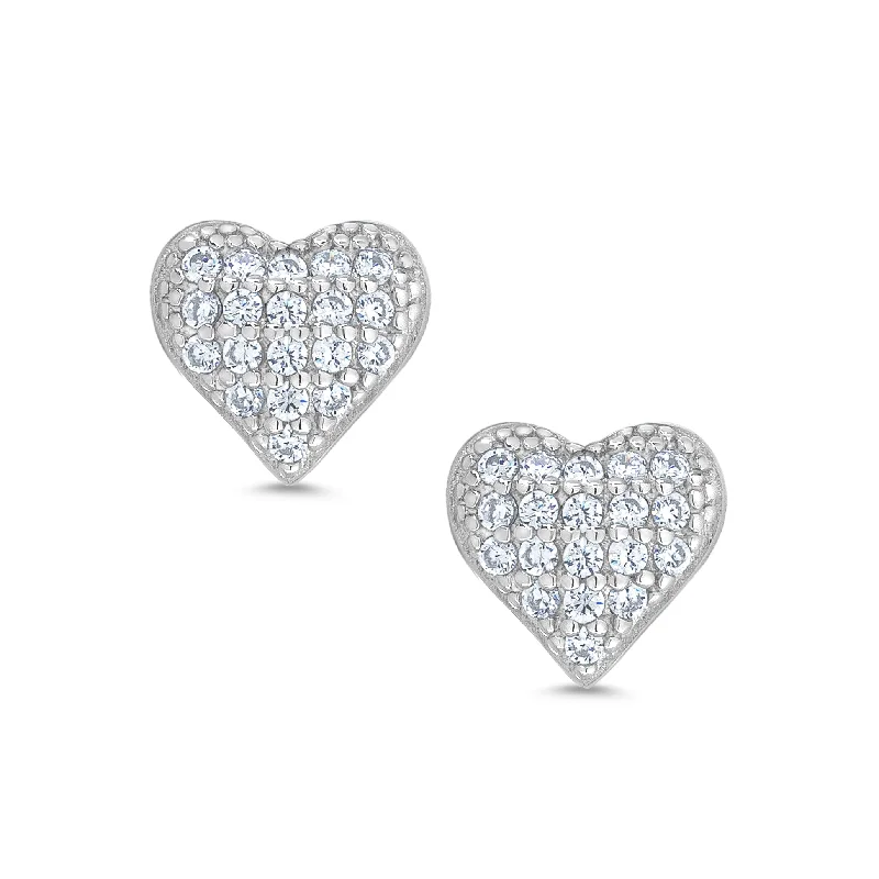 Chunky earrings for women-Pave CZ Heart Stud Earrings in Sterling Silver