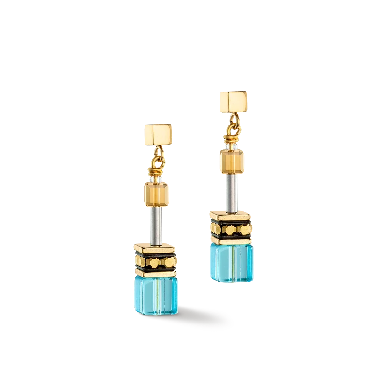 Designer gold earrings for women-GeoCUBE® Iconic earrings gold turquoise