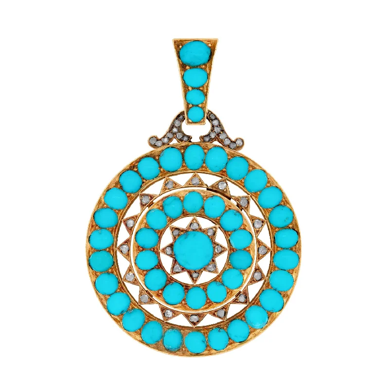 Long necklace for women-Victorian 14k Persian Turquoise and Diamond Starburst Pendant