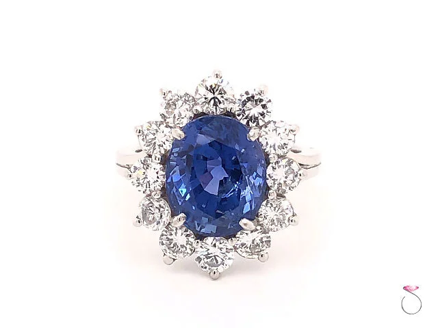 Unique engagement rings for women-Natural 7.08ct Blue Ceylon Sapphire Diamond Halo Ring in Platinum