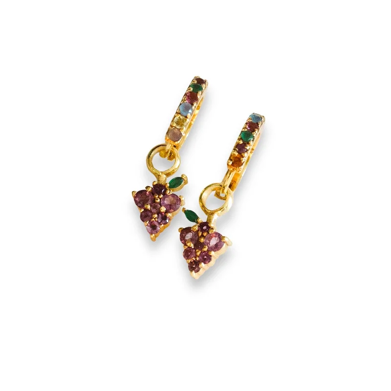 Gold dangle earrings for women-Grape Expections Charms on Rainbow Pave Huggies Set