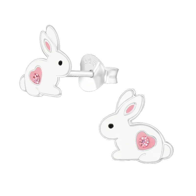 Ruby earrings for women-Pink Crystal Bunny Stud Earrings in Sterling Silver