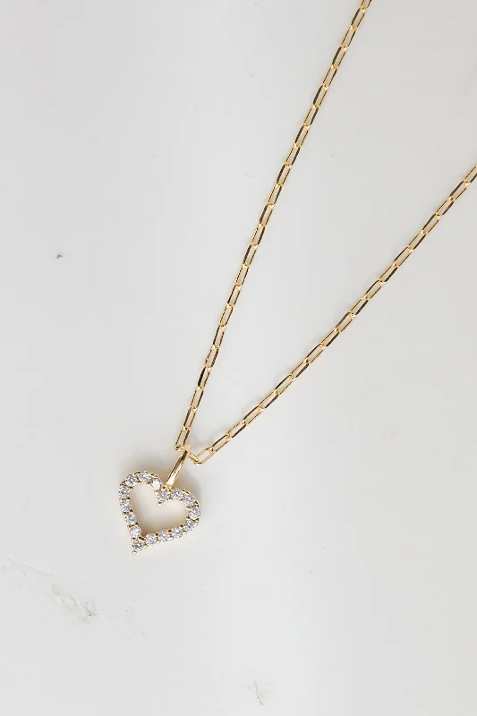 Trendy necklace for women-Gabi Gold Rhinestone Heart Charm Necklace