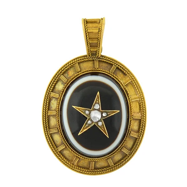 Luxury gemstone necklace for women-Victorian 14kt Banded Agate & Diamond Star Locket/Pendant