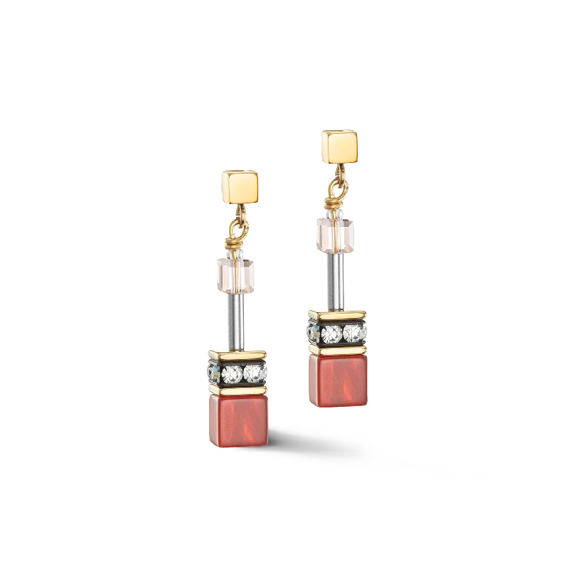 Crystal earrings for women-GeoCUBE® Iconic Precious earrings red-beige