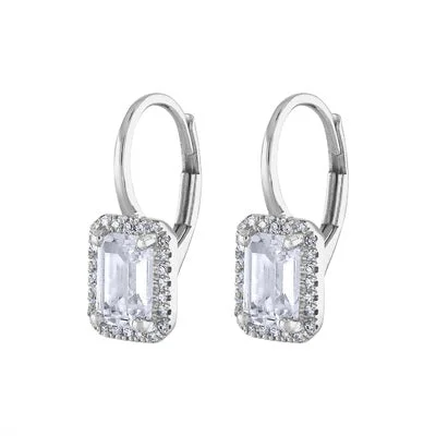 Unique drop earrings for women-14KT GOLD DIAMOND WHITE TOPAZ RECTANGLE DROP EARRING