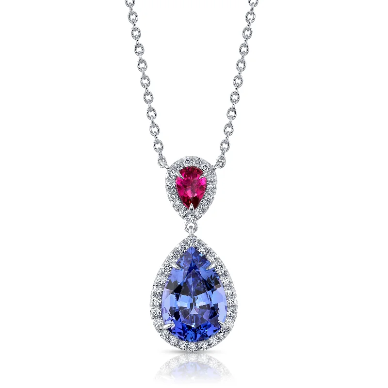 Long chain necklace for women-Platinum Pendant with Tanzanite, Tourmaline, and Diamond Accents