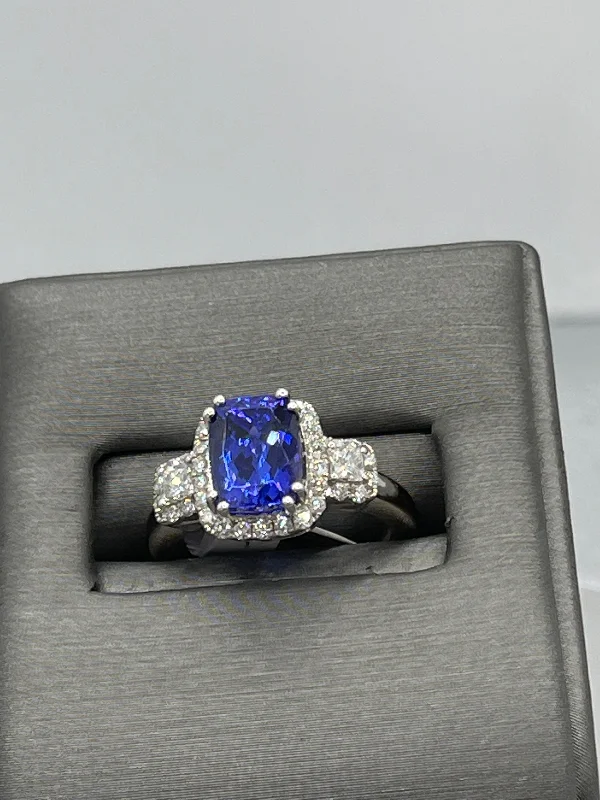 Twisted band engagement ring for women-14 Karat Solid White Gold Cushion Cut Tanzanite And Diamond Halo Ring