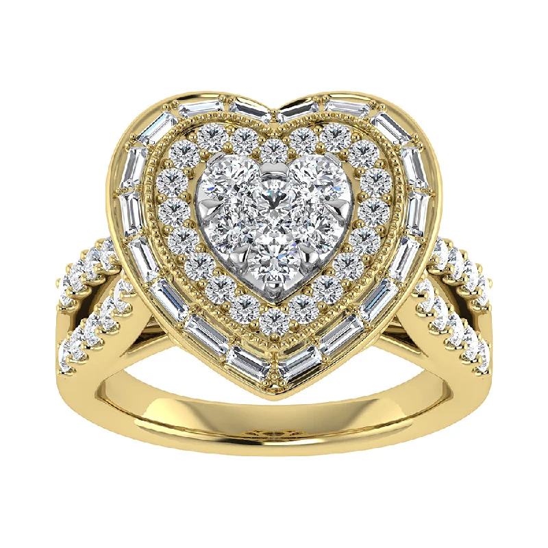 White gold engagement ring for women-14K Yellow Gold 1 1/2.Tw. Round and Straight Baguette Diamond Heart Ring