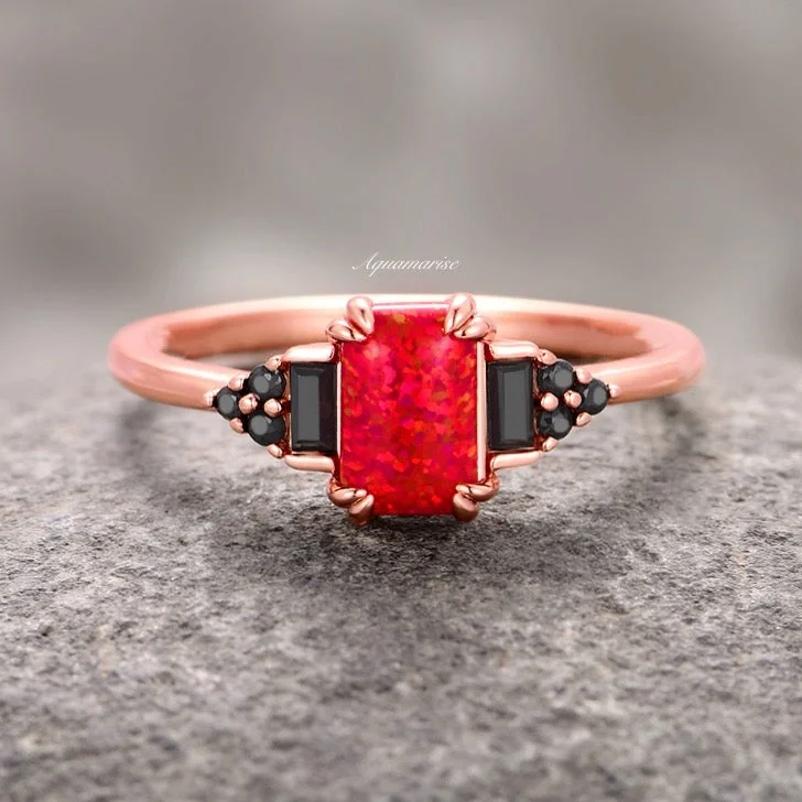 Round diamond engagement ring for women-Red Fire Opal & Black Diamond (Onyx) Ring- 14K Rose Gold Vermeil