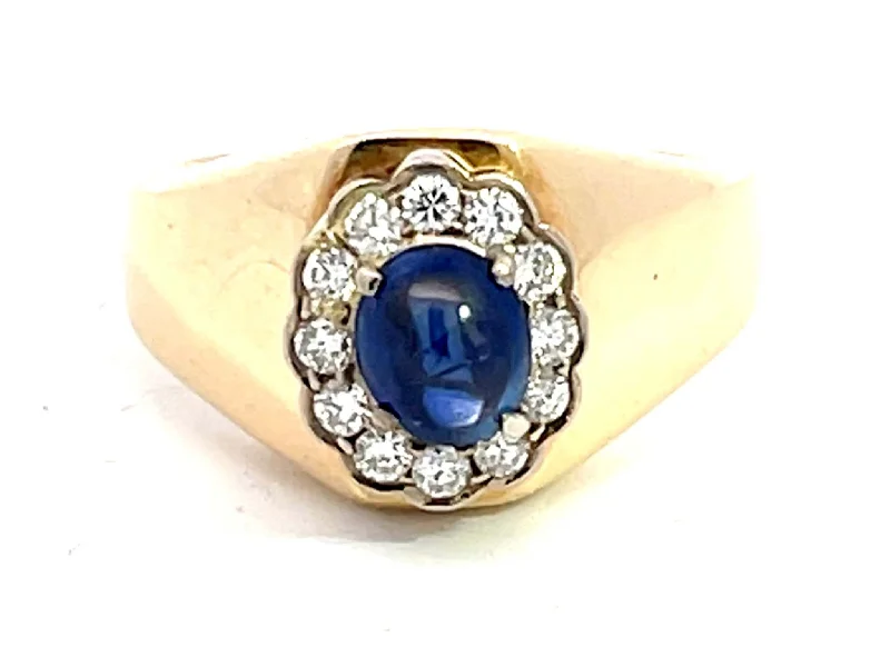 Art deco engagement ring for women-Blue Sapphire Diamond Halo Band Ring in 14k Yellow Gold