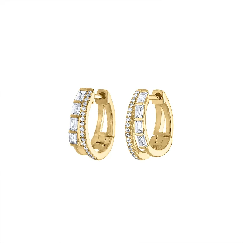 Hoop earrings with diamonds for women-14KT GOLD DIAMOND DOUBLE ROW HUGGIE EARRING