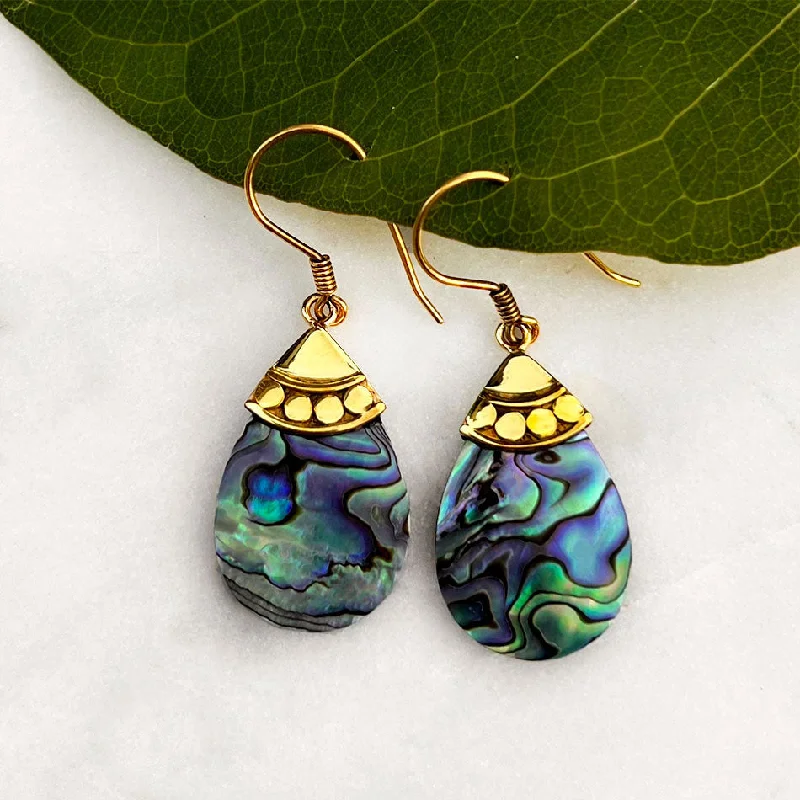 Clear crystal earrings for women-Abalone Teardrop Earrings - Brass, Indonesia