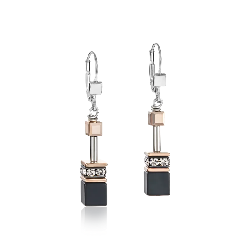 Sterling silver drop earrings for women-GeoCUBE® Earrings onyx black-rose gold