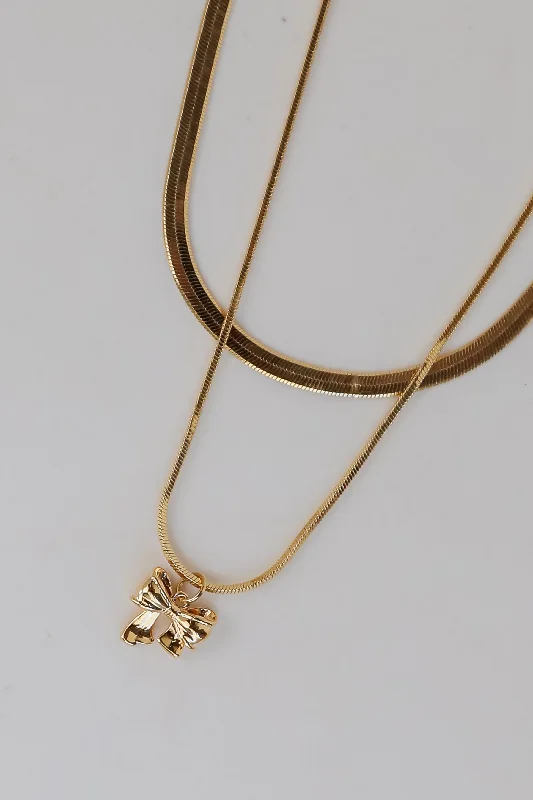 Diamond pendant necklace for women-Skylar Gold Bow Charm Layered Snake Chain Necklace