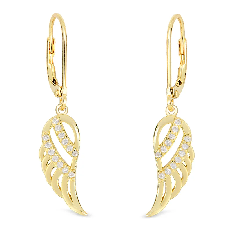 Butterfly earrings for women-CZ Angel Wing Leverback Earrings in 18k Gold over Sterling Silver