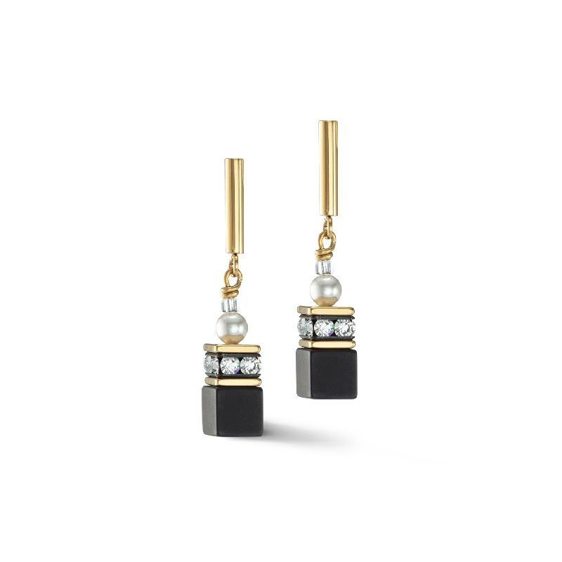 Diamond drop earrings for women-GeoCUBE® Precious Fusion Pearls earrings black-gold