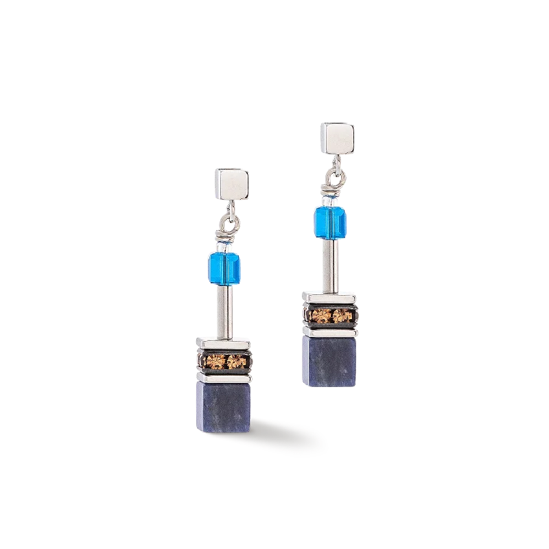 Long drop earrings for women-GeoCUBE® Iconic Precious earrings blue-brown