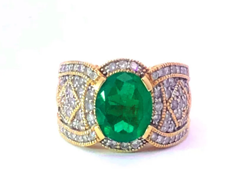 Oval diamond engagement ring for women-GIA Rare 2.65 ct. Colombian Emerald & Diamond Cigar Band Ring in 14k Yellow Gold