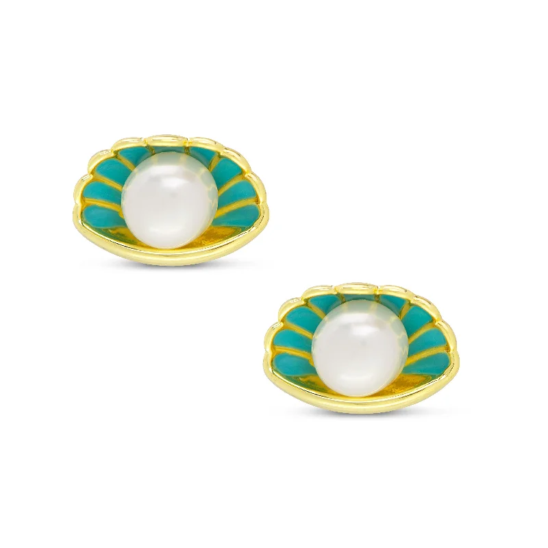 Round diamond earrings for women-Pearl and Oyster Shell Stud Earrings